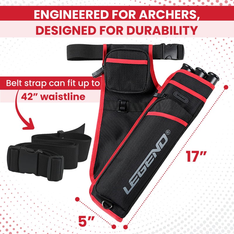 Legend حقيبة رماية السهام ليجند فيرست - حقائب رماية مستهدفة لليد اليمنى مع حزام قابل للتعديل و 3 أنابيب للسهام - فتحة T متينة و جيوب تخزين للإكسسوارات و بطاقة النتائج - أسود/أحمر - Image 5